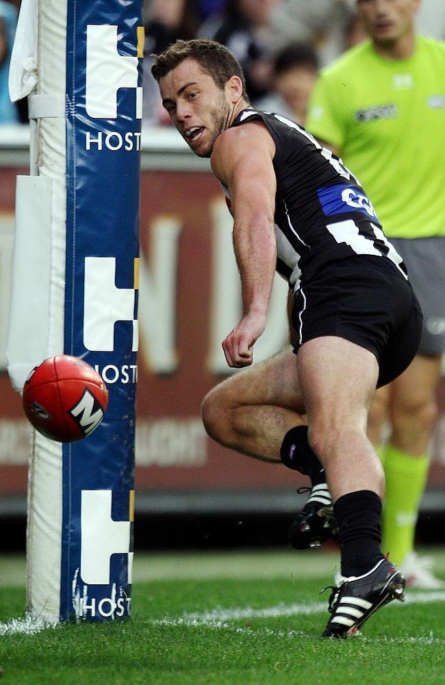 Jarryd Blair soccers through his match-winning goal for Collingwood in 2012. Picture: Michael Klein 