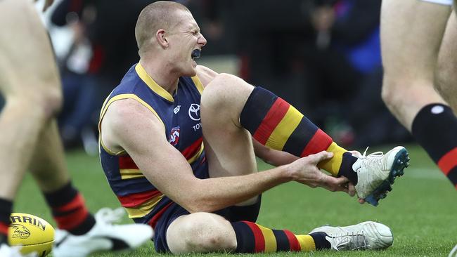 The Crows hope Sam Jacobs’s ankle injury isn’t a serious one. Picture: Sarah Reed