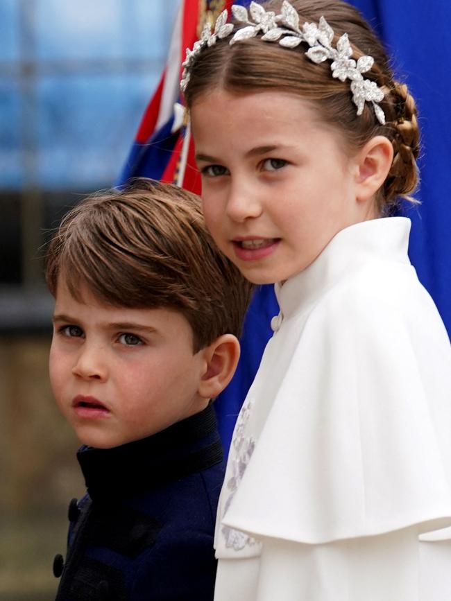 Prince Louis and Princess Charlotte of Wales arrive at Westminster Abbey. Picture: Andrew Milligan/AFP