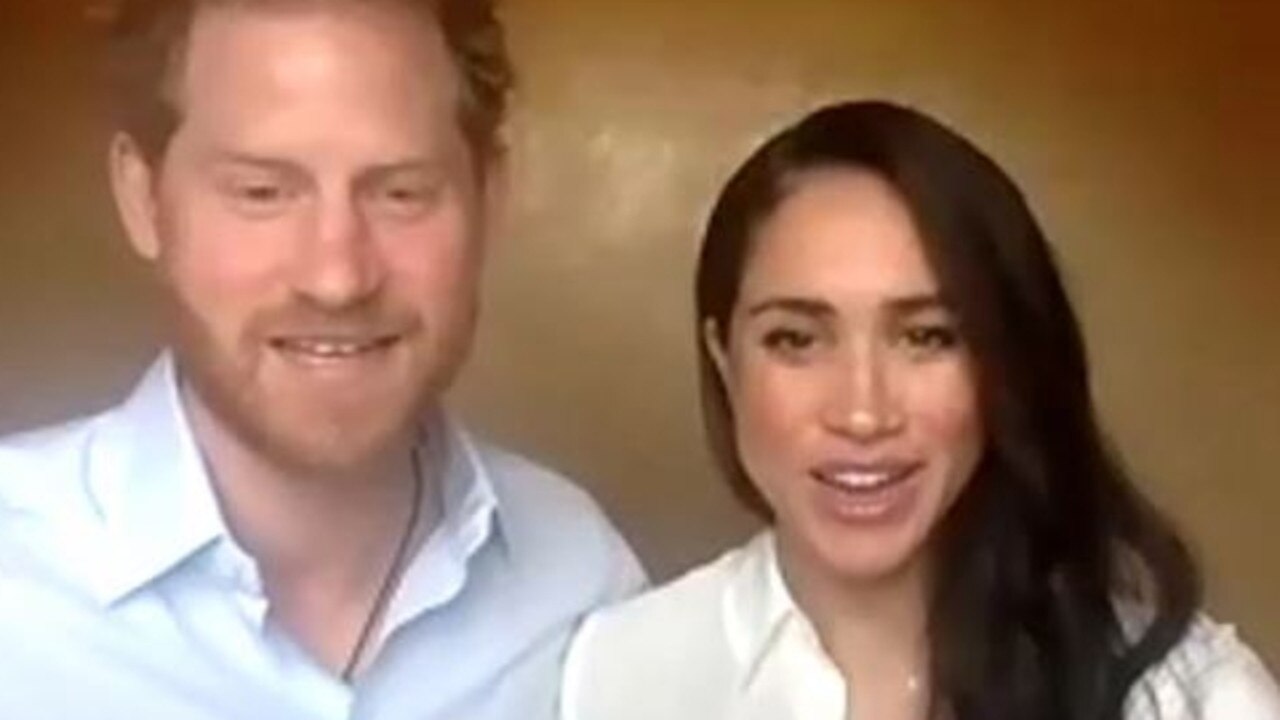 Prince Harry and Meghan Markle on Zoom call with young leaders. Picture: Queen's Commonwealth Trust