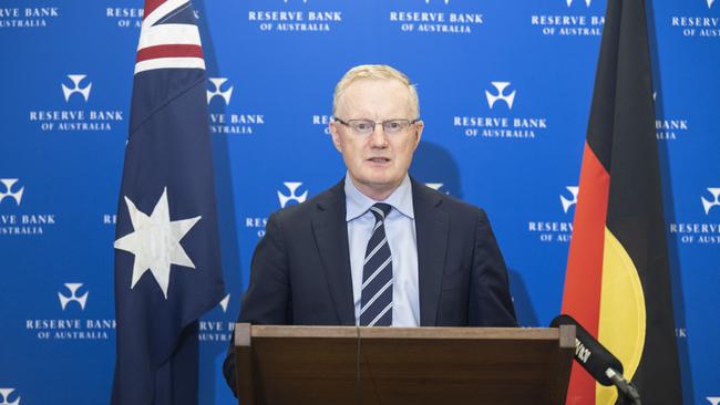 RBA governor Philip Lowe at a press conference on the day the official interest rate was lifted to 0.35 per cent. Picture: Louie Douvis/Pool/Getty Images