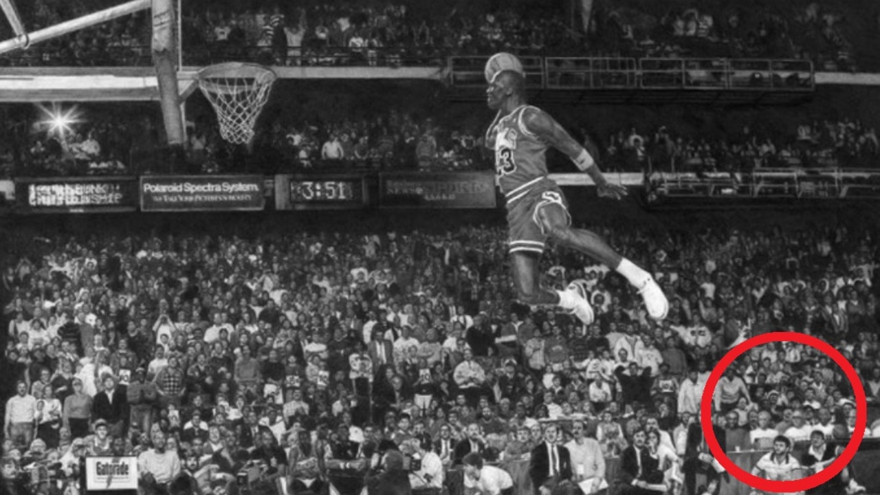 Michael jordan flying from the free store throw line