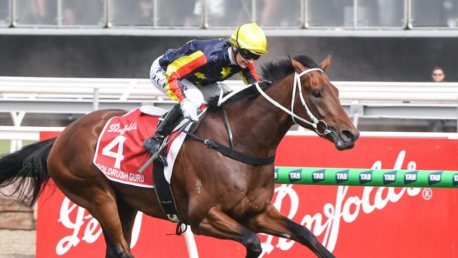 Goldrush Guru, ridden by Jamie Kah, wins the Penfolds Victoria Derby at Flemington. Picture: Brett Holburt/Racing Photos via Getty Images