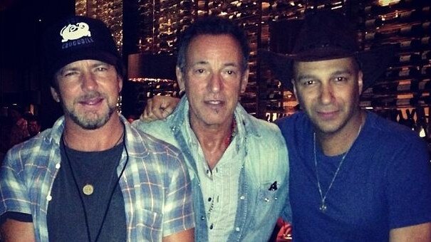 Pearl Jam singer Eddie Vedder (left), Bruce Springsteen and Tom Morello in Melbourne in 2014. Picture: Instagram