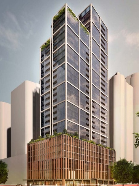 An artist’s impression of the 32-storey hotel and retail building proposed for 240-246 Normanby Rd, South Melbourne.