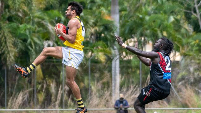 The Nightcliff Tigers take on the Tiwi Bombers in the NTFL Men's Premier League. Picture: Aaron Black/AFLNT Media