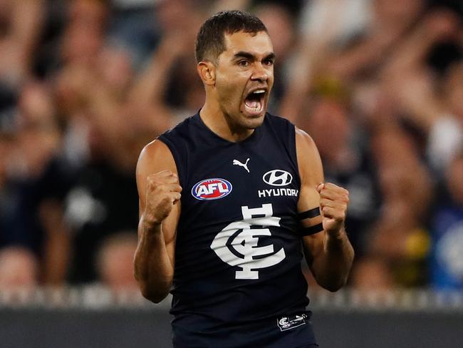 MELBOURNE, AUSTRALIA - MARCH 17: Jack Martin of the Blues celebrates a goal during the 2022 AFL Round 01 match between the Carlton Blues and the Richmond Tigers at the Melbourne Cricket Ground on March 17, 2022 In Melbourne, Australia. (Photo by Dylan Burns/AFL Photos via Getty Images)