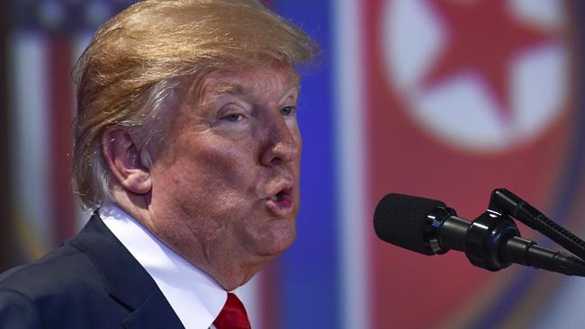 US President Donald Trump answers questions about the summit with North Korea leader Kim Jong-un during a press conference at the Capella resort. Picture: AP