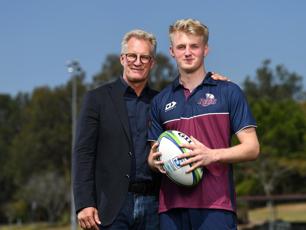 Queensland and Wallabies legend Michael Lynagh (left) is proud of son’s decision to play for the Reds. Picture: NCA NewsWire/Dan Peled