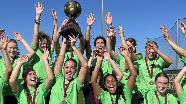 Kelvin Grove SHS celebrate a senior girls SPL premiership.