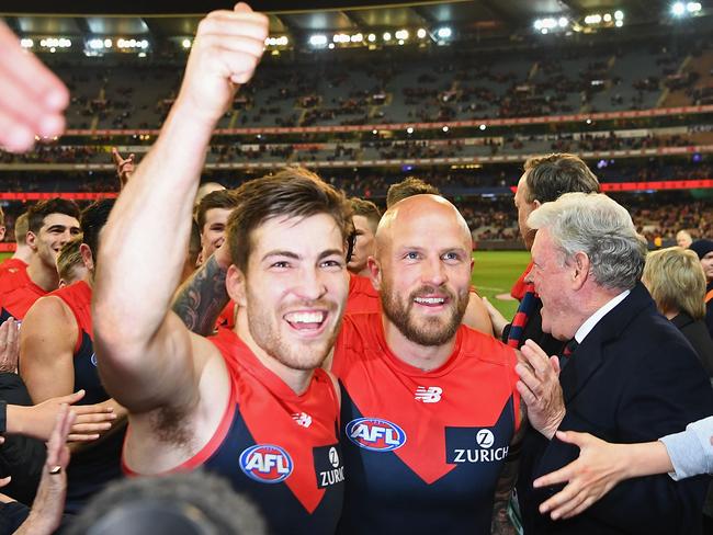 No gentleman Jack Viney and his co-captain Nathan Jones celebrate after the big win. Picture: Getty Images