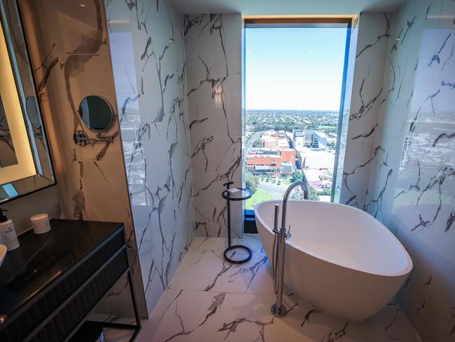 Views over Adelaide from the Prestige suite’s bath tub. Picture: Tom Huntley