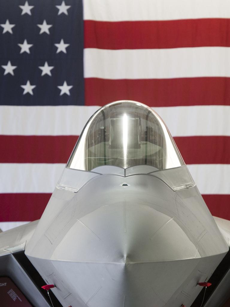 A US Air Force Lockheed Martin F-22 Raptor stealth fighter aircraft is parked inside a hangar at Joint Base Langley-Eustis in Hampton, Virginia. Picture: Saul Loeb/AFP