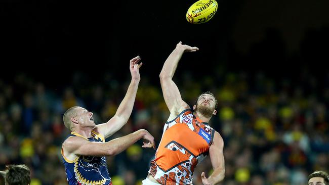 Sam Jacobs goes up against Shane Mumford in 2016. Picture Sarah Reed