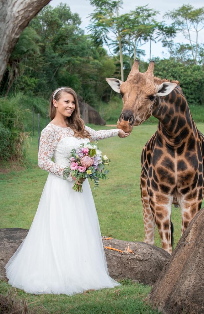 Bindi Irwin on her wedding day, feeding a giraffe. Picture: Kate Berry