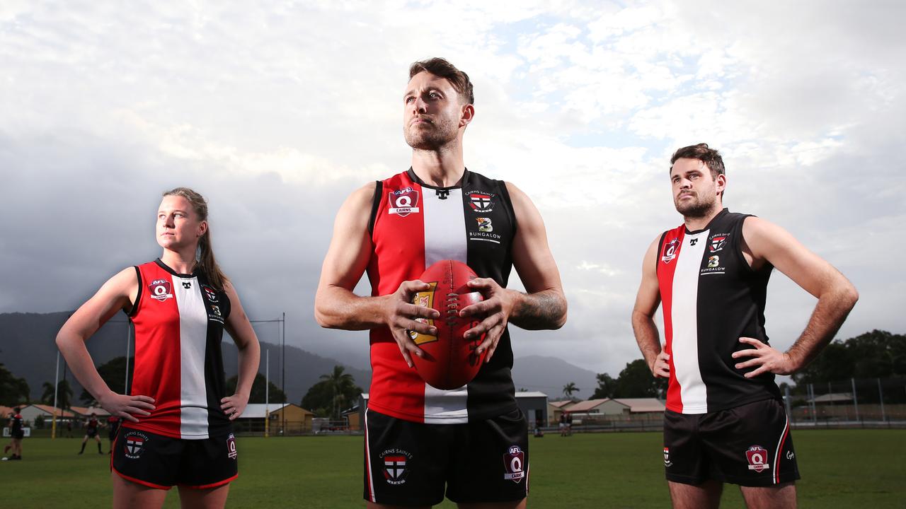 Cairns Saints grand final captains Freya Reilly, Cade Wellington and Brock Bish. Picture: Brendan Radke