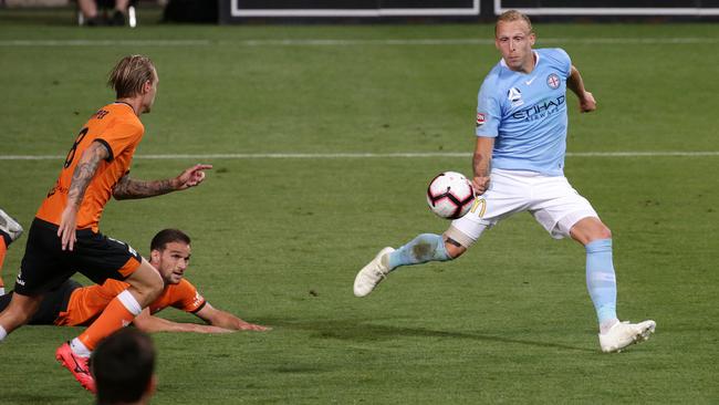 Melbourne City’s Ritchie De Laet scores the game’s only goal. Picture: AAP