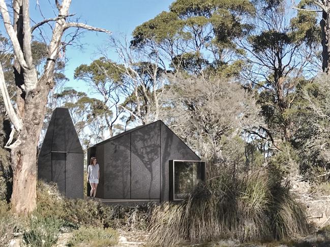 An artist’s impression of the proposed huts on Lake Malbena. Picture: CUMULUS STUDIO