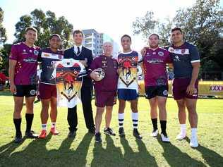 ORIGIN OF SUCCESS: Konrad Tu'ua , 18, Anthony Milford, Karne Young , 17, Allan Langer, Samual Elara, 17, George Lee, 17, and David Fifita together as the Queensland Origin team train. The next generation of representative footballers are involved in the Langer Cup and Aaron Payne Cup competitions being livestreamed on News Corp websites. Picture: Adam Head