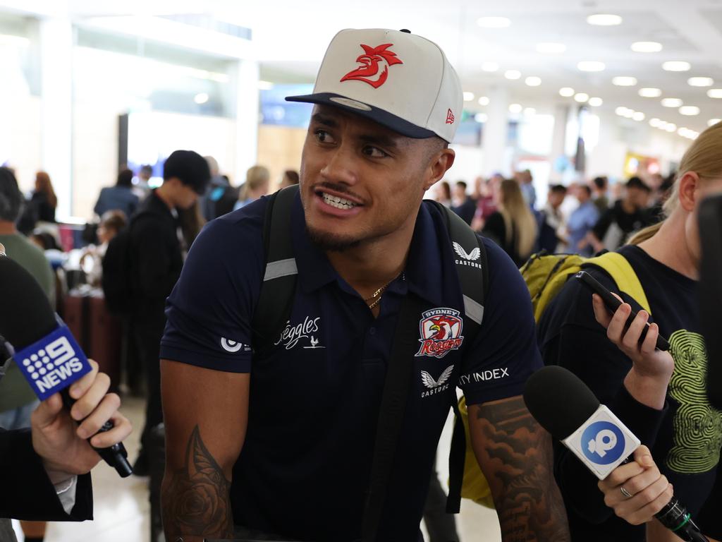 Spencer Leniu speaks to media on arrival at Sydney Airport. Picture: Rohan Kelly/The Daily Telegraph