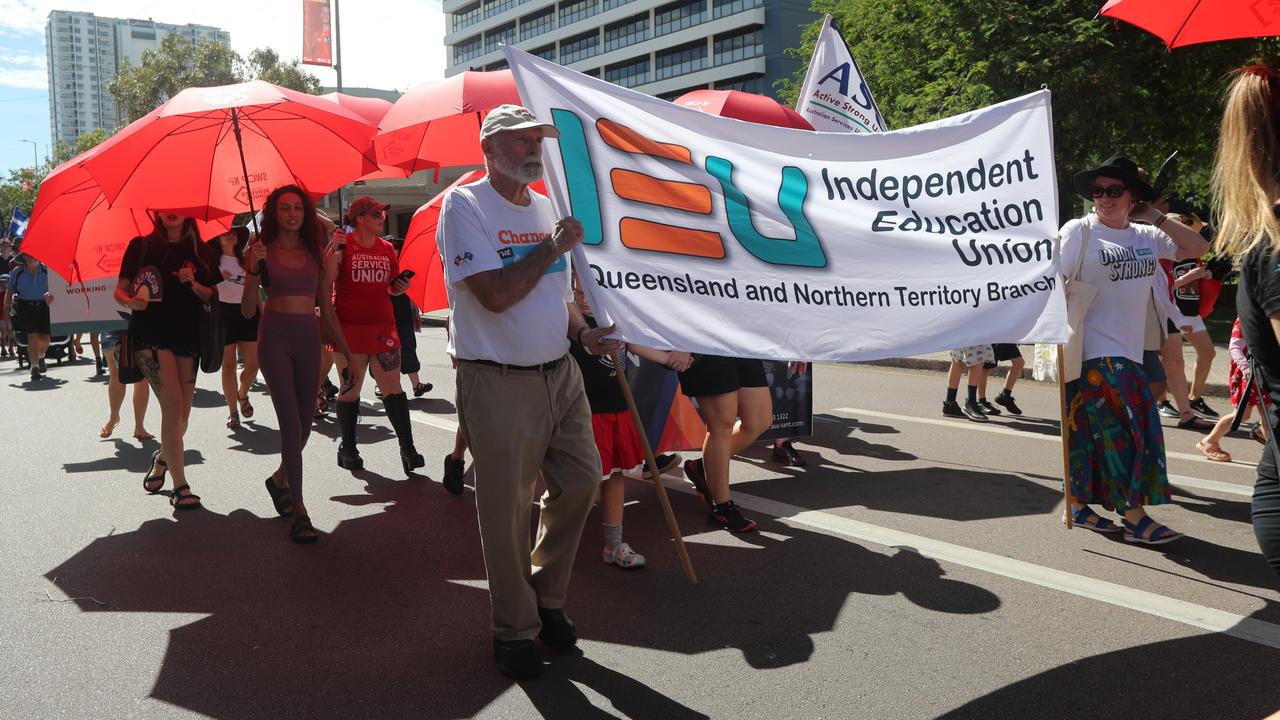Independent Education Union members marched through Darwin for the annual May Day march, celebrating union victories including the eight-hour work week, on Monday, May 5. Picture: Zizi Averill