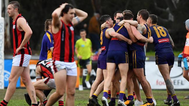 Vermont players celebrate the 2019 flag win. Picture: AAP Image/James Ross