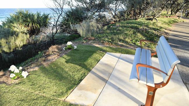 Unknown community members have turfed the area near the seat, and planted white flowers signifying Balin, since the seat’s installation last year. Picture: Patrick Woods.