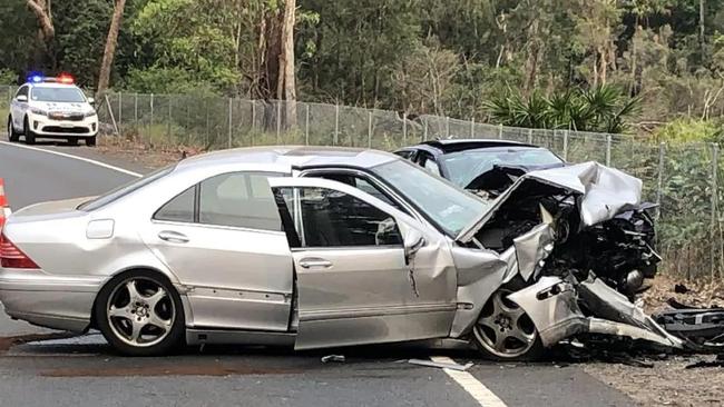 The two-lane Wakehurst Parkway, between Frenchs Forest and North Narrabeen, is regularly closed by serious road crashes like this collision in 2021, which left two people critically injured. Picture: Jim O'Rourke