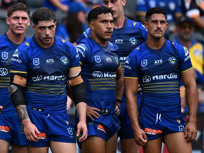 Eels players react after a Wests Tigers try. Picture: NRL Photos