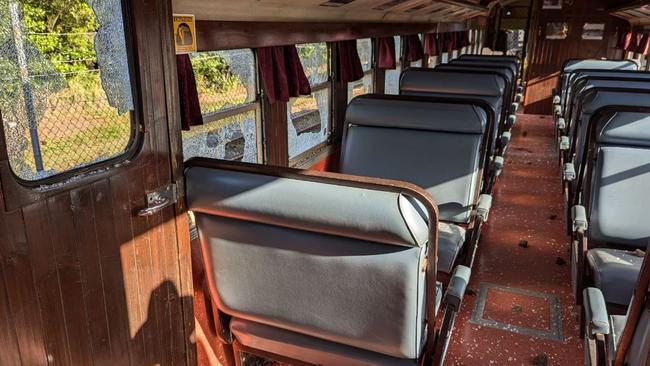 Operators of the Savannahlander were gutted when their accessibility carriage was pommeled with rocks smashing all its windows and leaving the interior strewn with glass. Photo: Facebook