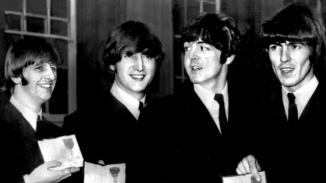 The <b>Beatles</b>&apos; Ringo Starr, John Lennon, Paul McCartney and George Harri...