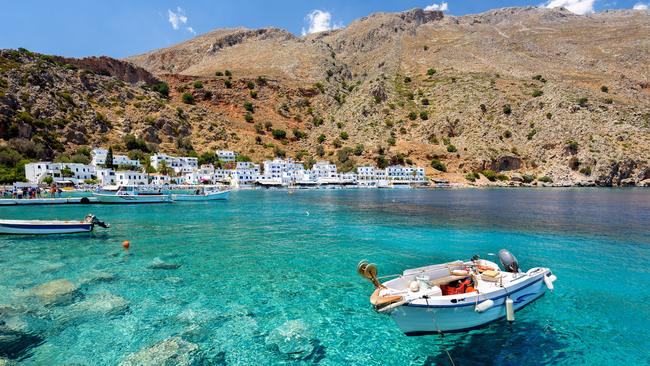 The bay of Loutro town in Crete, Greece.