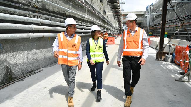 NSW Premier Gladys Berejiklian (centre) and Minister for Transport and Infrastructure Andrew Constance (left) announced a new link for the Sydney Metro northwest. Picture: AAP Image/Joel Carrett