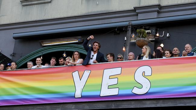 Revellers celebrate the Y`es vote for marriage equality. Picture: Dan Himbrechts