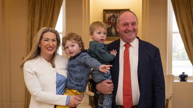 Barnaby Joyce and his partner Vikki Campion and their sons Sebastian and Thomas attend at his swearing-in ceremony at Government House in Canberra. Picture: NCA NewsWire / Martin Ollman