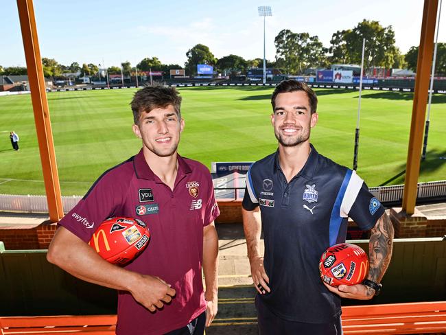 ADELAIDE, AUSTRALIA - NewsWire Photos APRIL 4, 2024: Brisbane Lions utility Zac Bailey and North Melbourne co-captain Jy Simpkin at Norwood Oval. Picture: NCA NewsWire / Brenton Edwards