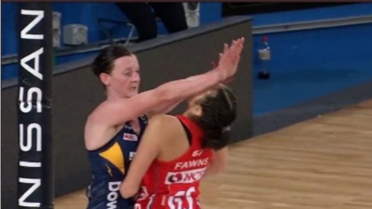 The incident between Lightning player Kate Walsh and Swfits shooter Sophie Fawns was captured on cameras during their Round 6 Super Netball clash. Photo: Fox Sports