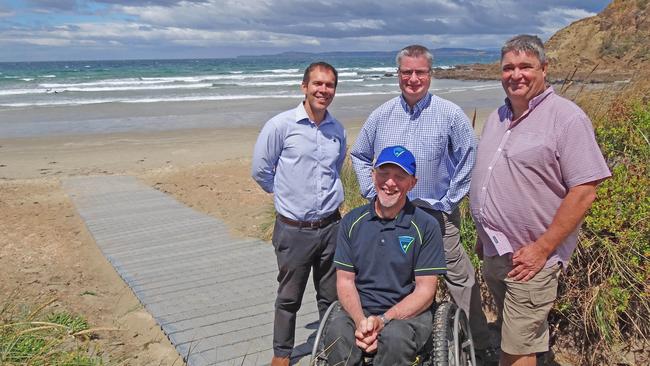 Project officer Paul Markey, Accessible Tourism Officer ParaQuad Tasmania Richard Witbreuk, Sorell Mayor Kerry Vincent with Physical Disability Sports Coordinator ParaQuad Tasmania Kevin Faulkner (in wheelchair). Picture: Supplied