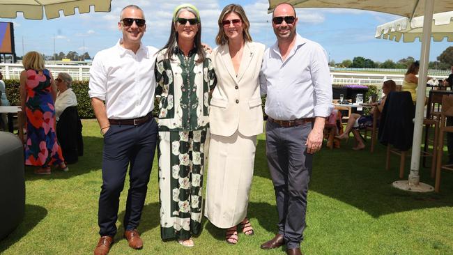 MELBOURNE, AUSTRALIA – OCTOBER 16 2024 Georgie, Madeleine, Daniel and Stuart at the Caulfield Social race day at Caulfield racecourse on Wednesday 16th October, 2024 Picture: Brendan Beckett