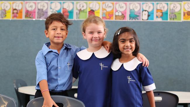 Jasper, Harper and Jiana are excited to have started school. Picture: Sue Graham