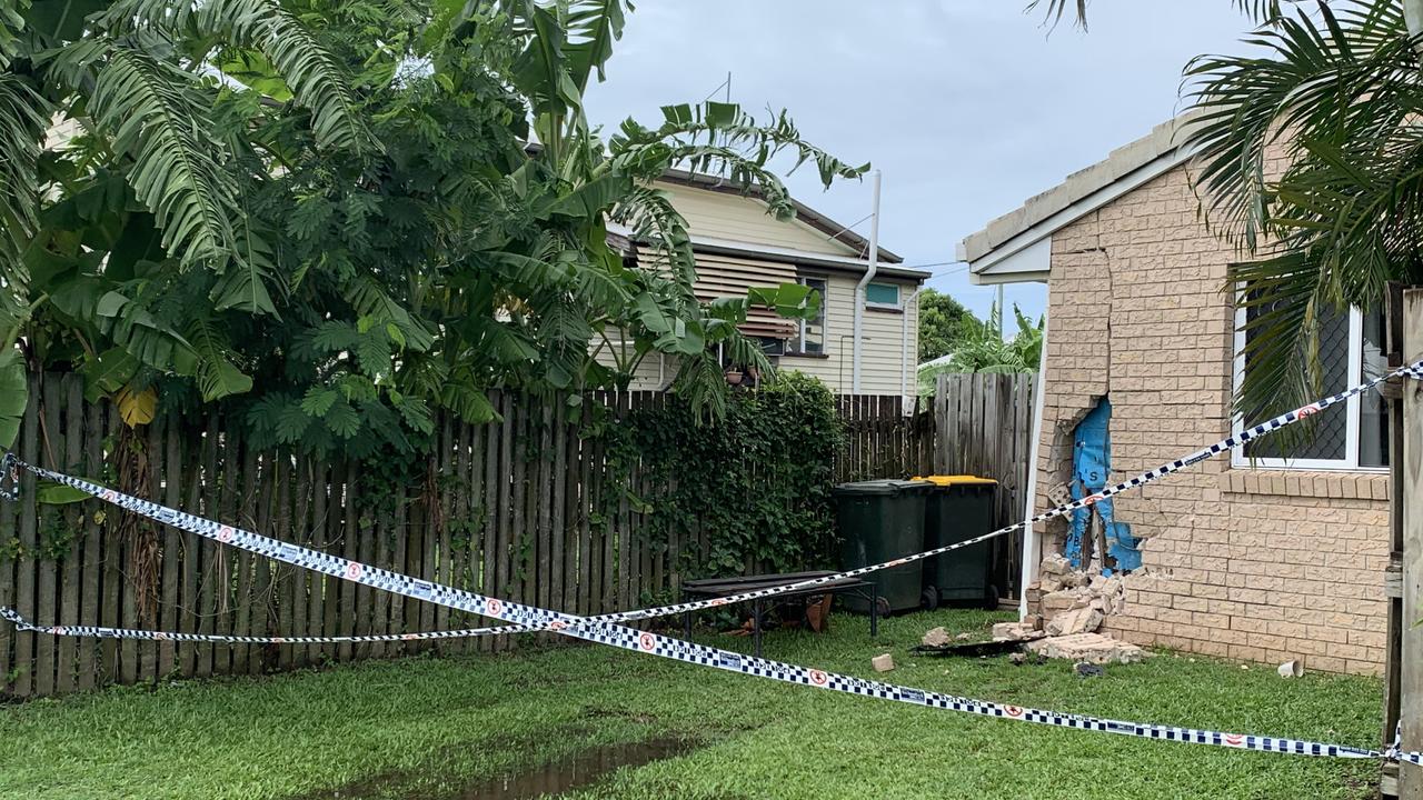 Damage to a unit on Evan St, South Mackay, after a man allegedly crashed into it while three times the legal alcohol limit about 7pm Saturday, April 23, 2022. Picture: Tara Miko