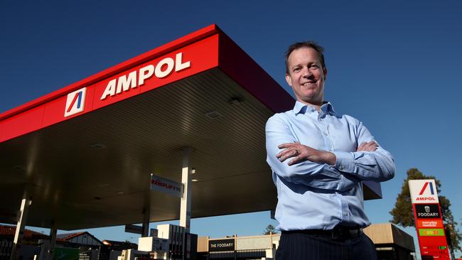 Ampol CEO Matthew Halliday outside an Ampol service station in Sydney that was rebranded from Caltex. Oil prices surged again in the December quarter and Ampol said on Tuesday it expected Lytton to deliver a vastly improved quarterly profit. Picture: Toby Zerna