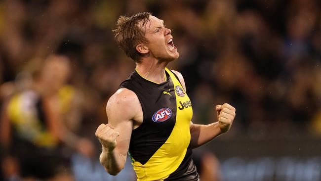 Jack Riewoldt celebrates on the final siren after Richmond’s win over Melbourne. Picture: Michael Klein