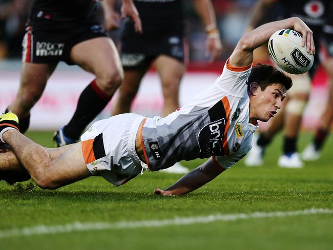 Mitchell Moses scores a try for the Wests Tigers last season. Picture: Getty Images