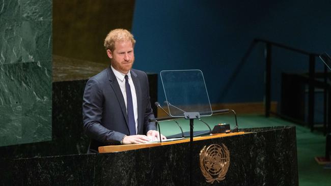 Prince Harry, Duke of Sussex, speaks at the United Nations General Assembly on Nelson Mandela International Day at U.N. headquarters on Monday. Picture: AFP