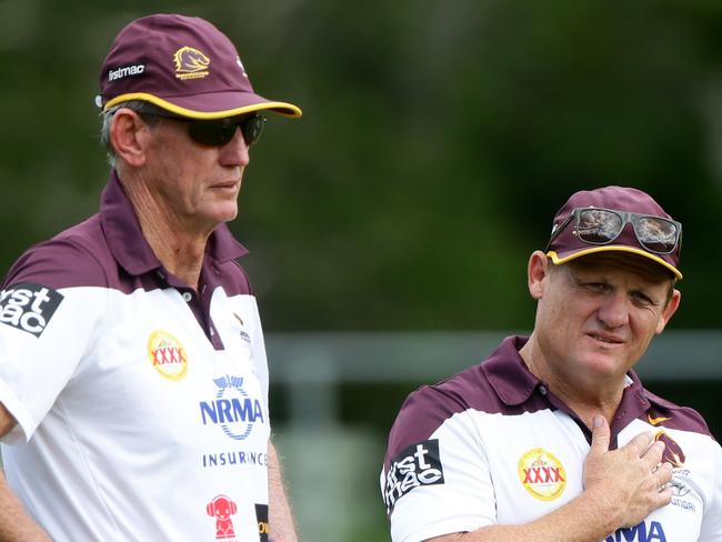 Wayne Bennett and Kevin Walters at Brisbane Broncos training. Pic Darren England.