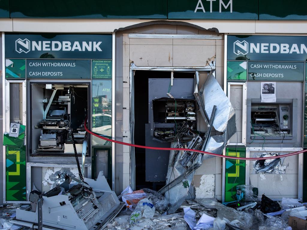 Cash machines were destroyed at a shopping centre on July 13, 2021 in Soweto, Johannesburg. Picture: Getty Images