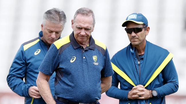 Steve Waugh, Australian team mentor, Justin Langer, coach of Australia, and Australian chairman of selectors, Trevor Hohns, inspect the Edgbaston pitch.