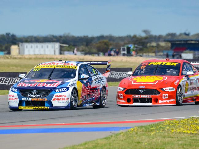 Supercar Repco SuperSprint at The Bend, Sept 20, 2020. Holden driver Shane van Gisbergen ahead of yesterdays winner Scott McLaughlin during race two.  Picture: Brenton Edwards