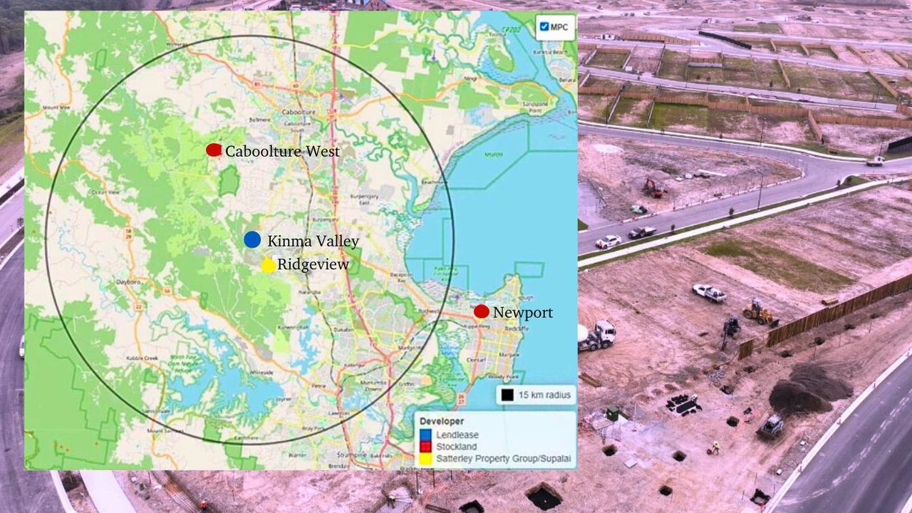 Housing estates in Moreton that are owned by Lendlease (blue); Stockland (red) and Supalai Group (yellow).